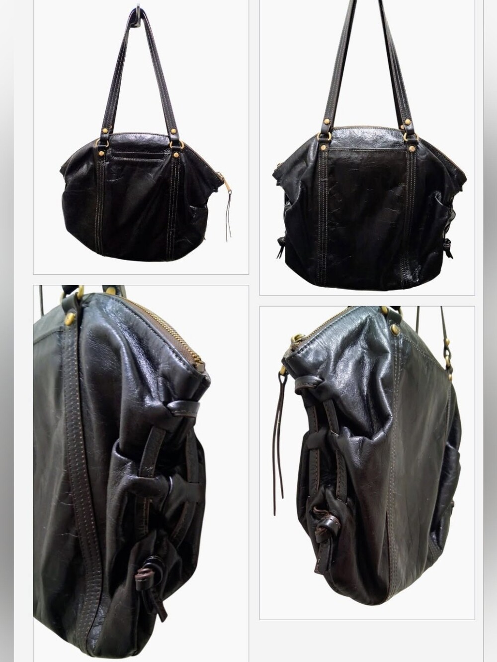 HOBO The Original Black Glazed Leather Shoulder Bag | Brass Hardware